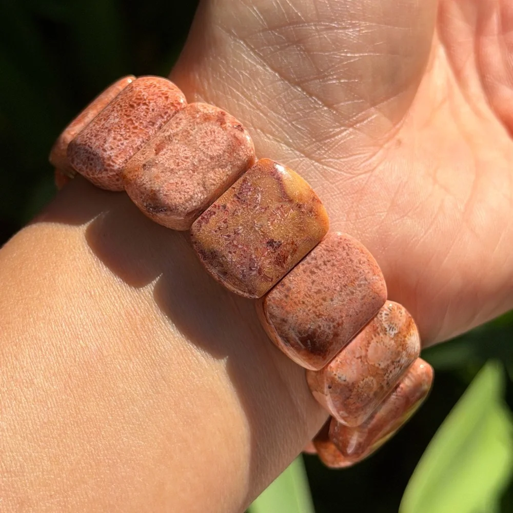 Stretchable red fossilized coral‎ soft bangle 0699